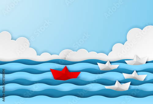 Business leadership ,financial concept. paper boat red leadership to sea go to success goal. paper art style. creative idea. vector ,illustration.