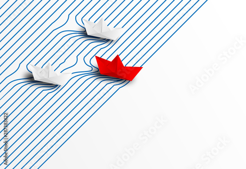 Business leadership ,financial concept. paper boat red leadership to success goal. paper art style. creative idea. vector.