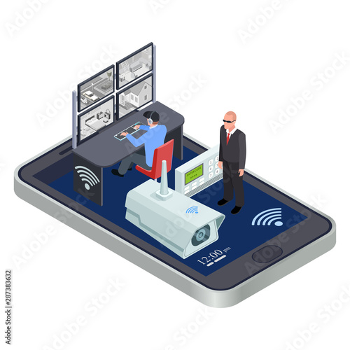 WiFi connect mobile security system isometric vector concept. Security cctv network wireless use smartphone and electronic system illustration