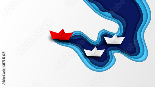 Business leadership ,financial concept. paper boat red leadership to sea go to success goal. paper art style. creative idea. vector ,illustration.