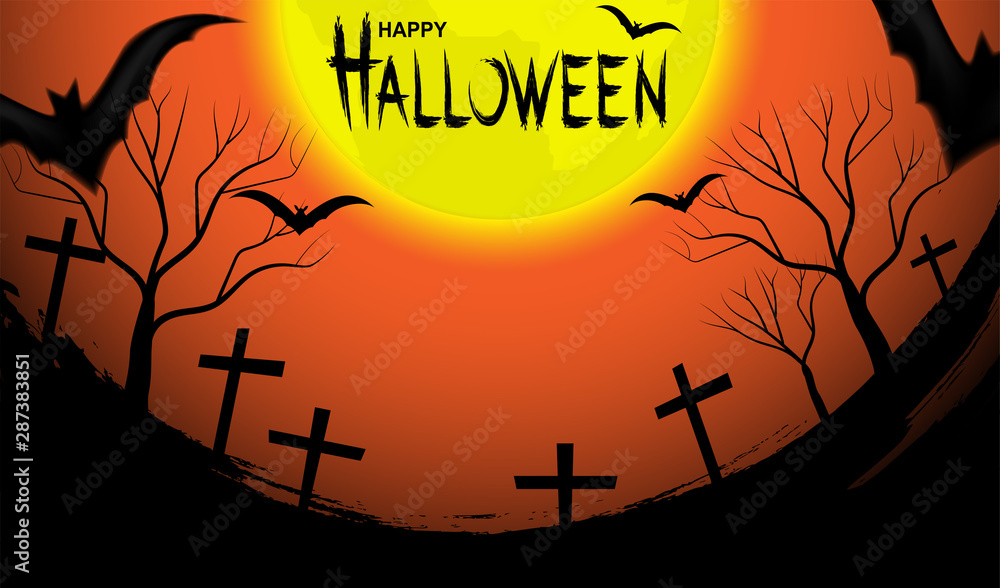 Happy Halloween. Design with moon and bats on orange sky background. vector.
