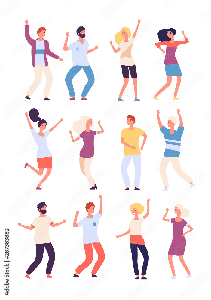 Cartoon dancing people. Happy persons dance, adults woman and man dancers. Party crowd fun isolated vector characters. Illustration happy dance, dancer person cheerful
