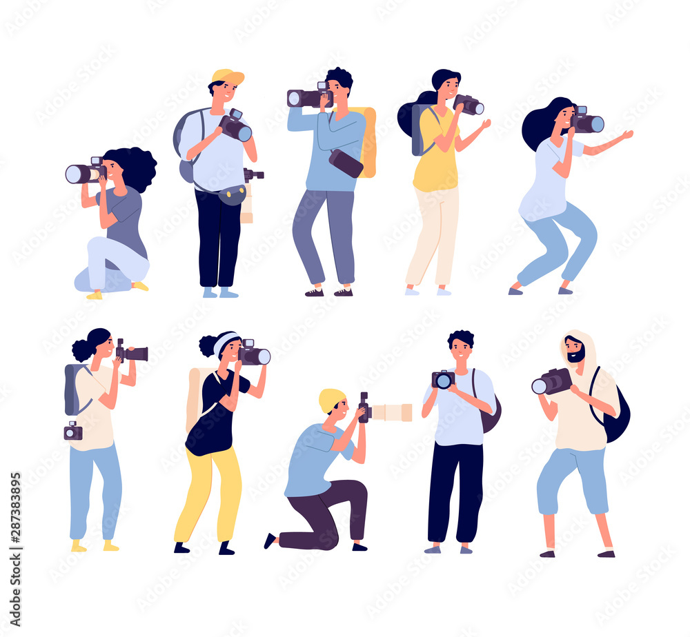 Cartoon photographers. People photograph with camera. Amateur and professional photography occupation. Isolated vector characters set. Amateur professional, camera and photographer illustration - obrazy, fototapety, plakaty 
