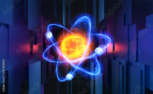 Atom 3d illustration. Basis of universe. Particle of God, First Matter. Study of structure of universe. Hadron Collider and Future Technologies