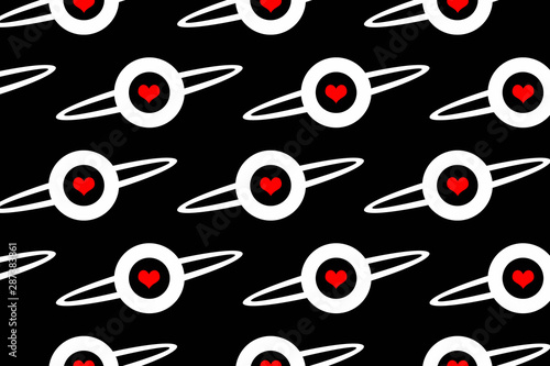 Pattern with heart. White planet with red heart on black background.