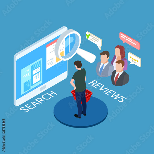 Online shopping vector. Search and selection of goods, research reviews isometric concept. Illustration search review and research with magnifier
