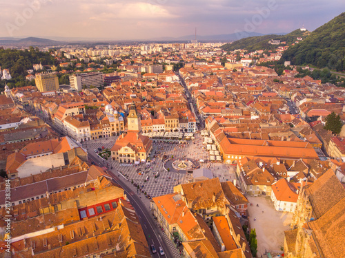 The central square of the old town. Brasov. Transylvania, 2019. Aerial view