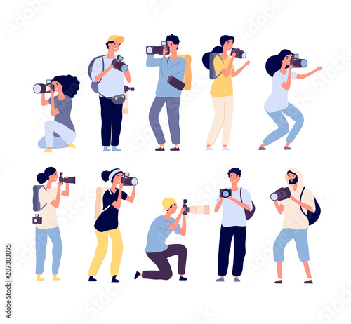 Cartoon photographers. People photograph with camera. Amateur and professional photography occupation. Isolated vector characters set. Amateur professional, camera and photographer illustration photo
