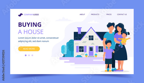 Happy family with house. Landing page template for mortgage, buying a house, real estate concept. Vector illustration in flat style