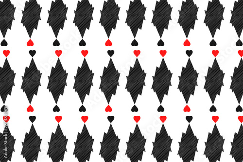 Black, red and white pattern. White background with red and black heart and abstract element.