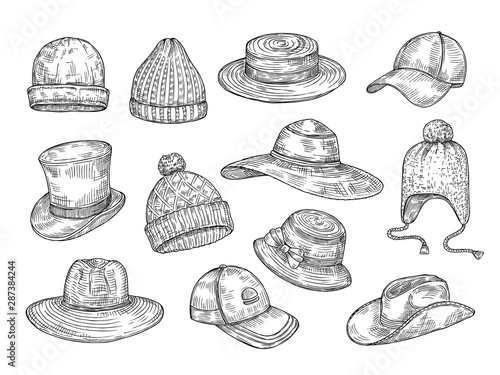Sketch hats. Knitted winter and summer hats, hand drawn warm cap, doodle headdress accessories vector isolated set. Illustration headdress and cap, hat winter
