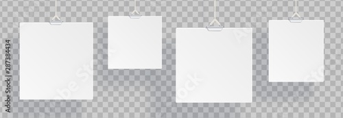 White realistic blank vector isolated on transparent background. Ads banners hanging on ropes. Realistic banner hang, advertising empty signboard illustration