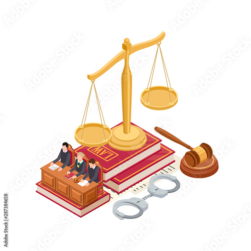 Isometric law and justice vector concept. 3D scale of justice, mallet, law book and judge isolated on white background. Justice and law, courtroom isometric, judge and court illustration