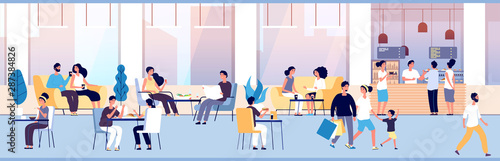 People in restaurant. Guys eating at dinner table in cafe. Teenagers snacking meal in food court, cafeteria interior vector concept. Illustration restaurant dinner, cafe with people have lunch