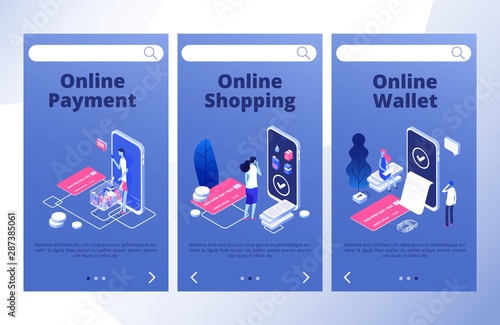 Online payments landing page. Mobile bank app vector banners template. Online wallet and shopping, payment money with mobile app illustration