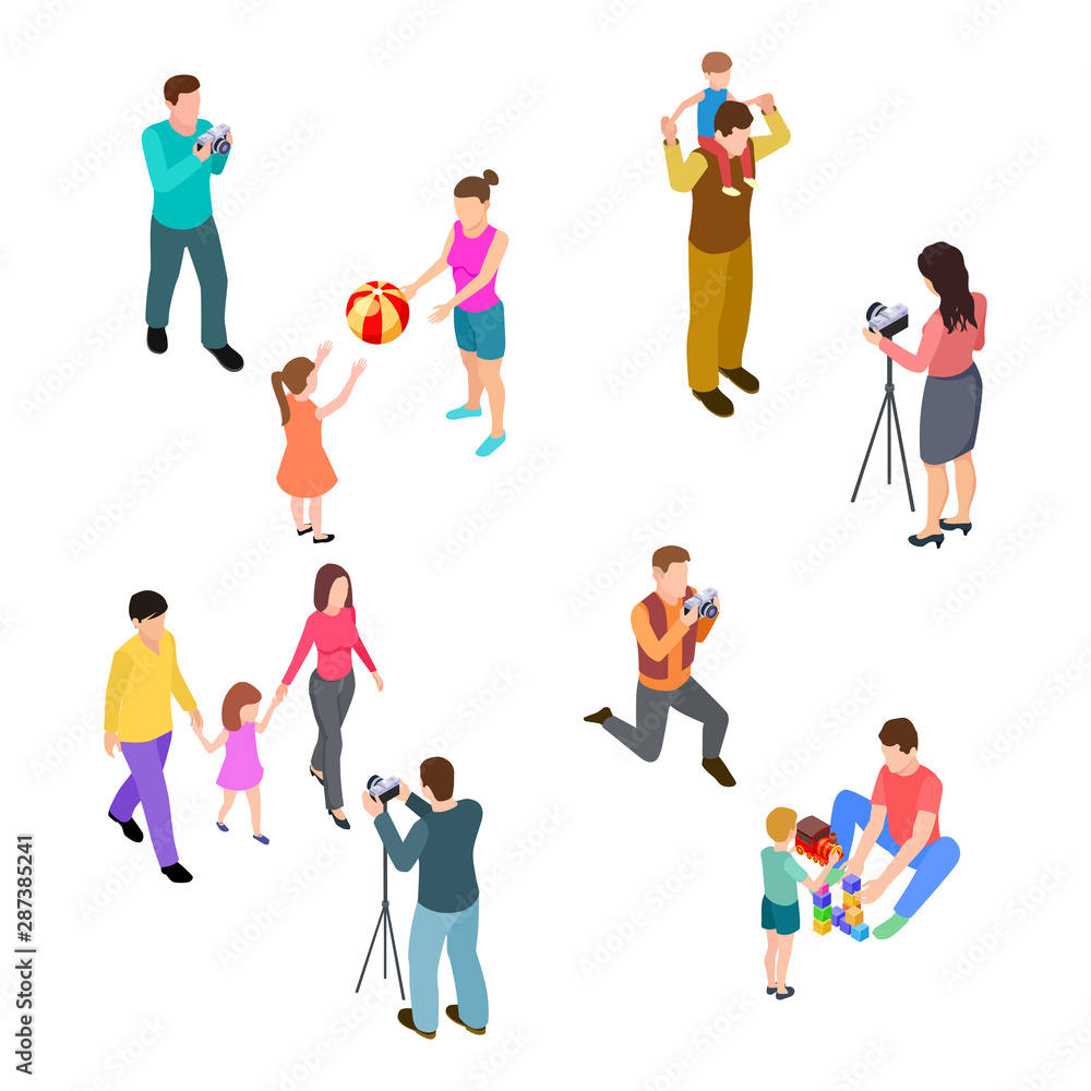 Family photo shoot. Isometric parents with children and professional photographers. Vector professional photo session illustration. Family photographer, mother father and kid Family photo shoot. Isometric parents with children and professional photographers. Vector professional photo session illustration. Family photographer, mother father and kid