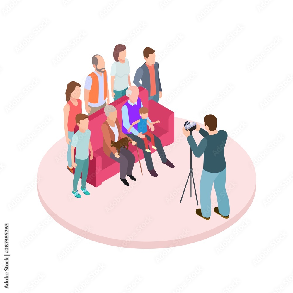 Family portrait vector illustration. Isometric photo shoot of big family. Son, daughter and grandparents on sofa. Big family portrait, photography together grandfather, grandmother and cat