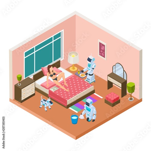 Isometric household robots. Vector robots, modern technologies for homework. Woman relaxing, androids are cleaned and cooked. Illustration robot intelligence, household equipment, help robot machine