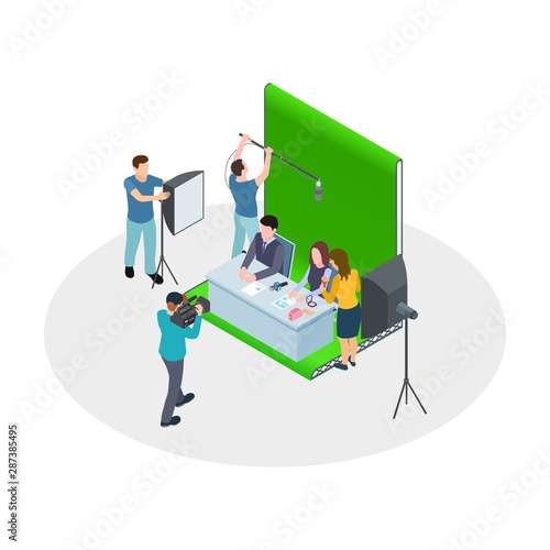 Isometric shooting TV show. Vector TV hosts, make-up artist, film crew. Show production, news channel. Tv isometric show, camera and television program illustration