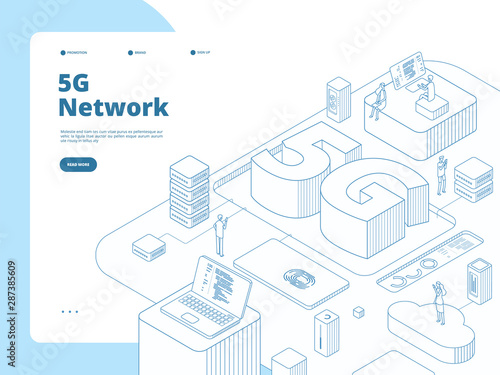 5g landing page. Wifi broadcasting 5g technology, speed internet in device. Global network telecommunication isometric vector concept. Network 5th generation, fast connection illustration