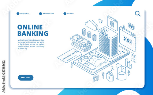 Online banking isometric landing page. Money transfers, secure transaction, currency exchange with phone. Vector website template. Web banking payment, mobile online app page illustration