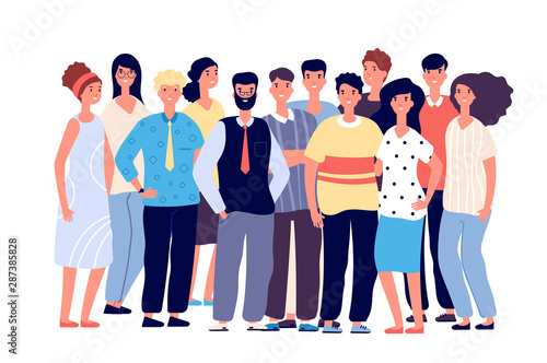 Employee group portrait. Young smiling people, business team. Happy laughing teenagers friends together. Vector cartoon characters. Illustration together team employees, man and woman staff
