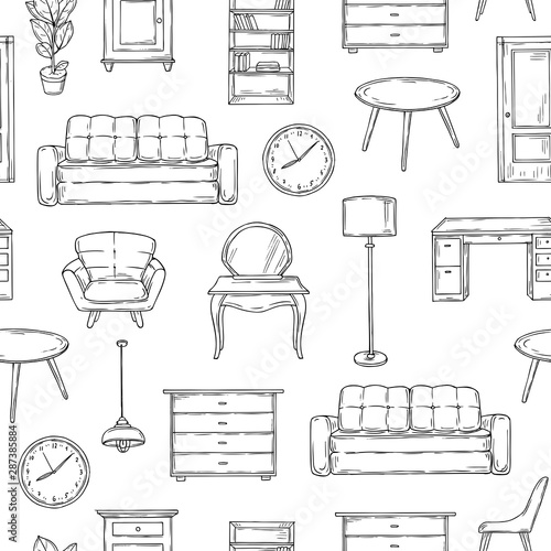 Sketch furniture pattern. Living room doodle vintage interior vector isolated wallpaper texture. Illustration interior table and sofa, chair and lamp, furniture pattern endless