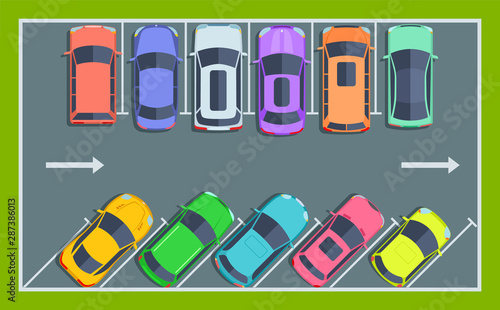 Car parking top view. City public parking spaces for cars, parked cars zone vector concept. Carpark auto, city public parl zone illustration