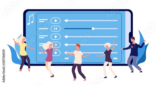 Dance perfomance concept. Flat dancers and online music playlist. Vector happy dancing people characters. Illustration web audio, mobile smartphone multimedia, entertainment media radio online