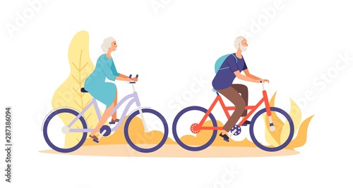 Autumn bike ride concept. Flat elderly characters riding bicycles vector illustration. Old people woman and man cyclist active