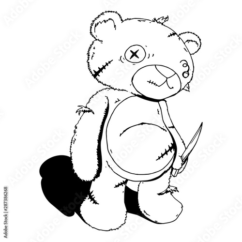 Ragged Teddy Bear carry kitchen Knife hand drawn Cartoon Vector