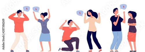 Angry couples. Aggressive conflicted people vector characters. Bullying, mental violence. Couple aggressive conflict, people quarrel illustration