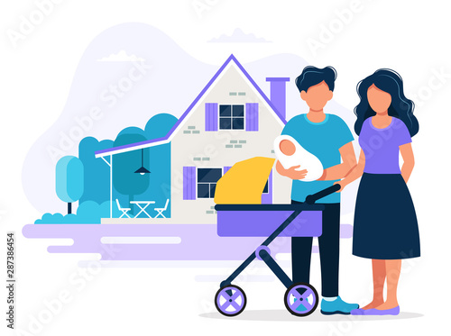 Happy family with house. Concept illustration for mortgage  buying