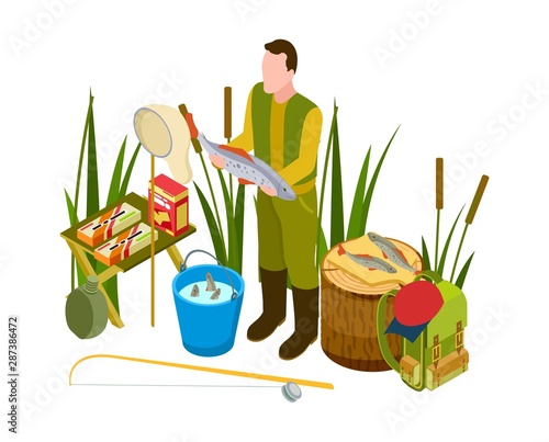 Successful fisherman concept. Vector isometric fishing tools, big fish, fishing rod isolated on white background. Illustration fisherman success, man with fish