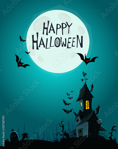 Vector Illustration of a Landscape with a Spooky Haunted Halloween house and a Full Moon