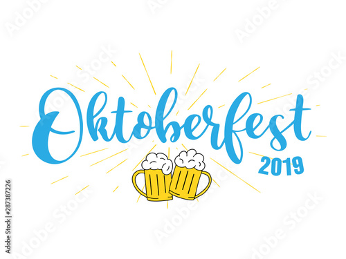 Hand sketched Oktoberfest phrase with beer mugs. Vector illustration of Bavarian beer festival, isolated on white background. Drawn Wiesn lettering for poster, banner, logo.