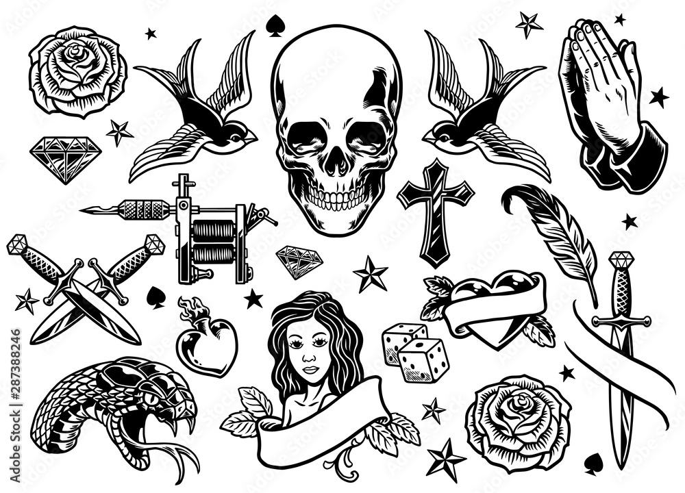 set of various tattoo flash - obrazy, fototapety, plakaty 