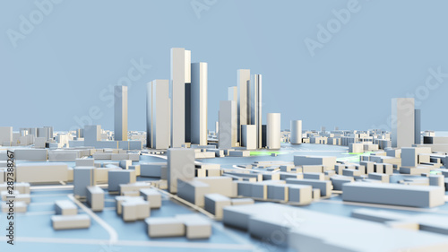 3D illustration. White Futuristic City in sunny day
