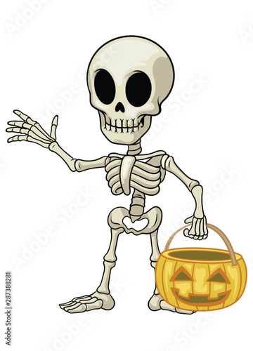 skeleton cartoon mascot hold the halloween pumpkin