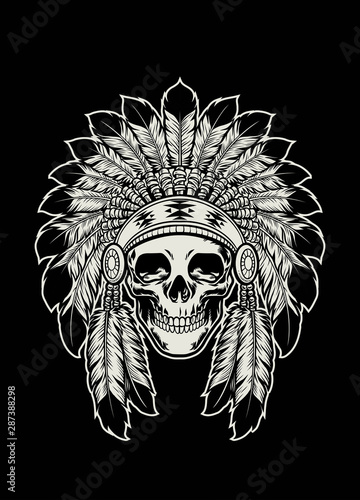skull of native american indian wearing headdress