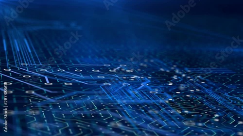 Zoom in microchip on circuit board modern nano technology, working computer