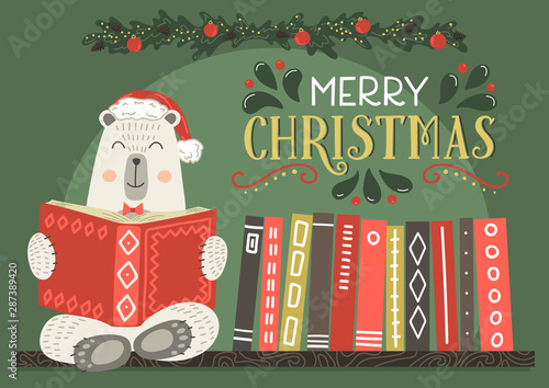 Merry Christmas greeting card. Fantasy white bear in Christmas hat reading book.