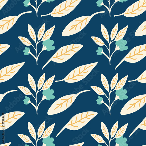 Pretty floral seamless pattern design with turquoise flowers and beige leaves on navy blue background. Modern illustration with a vintage botanical feel. Great for textiles, fashion, wallpaper.