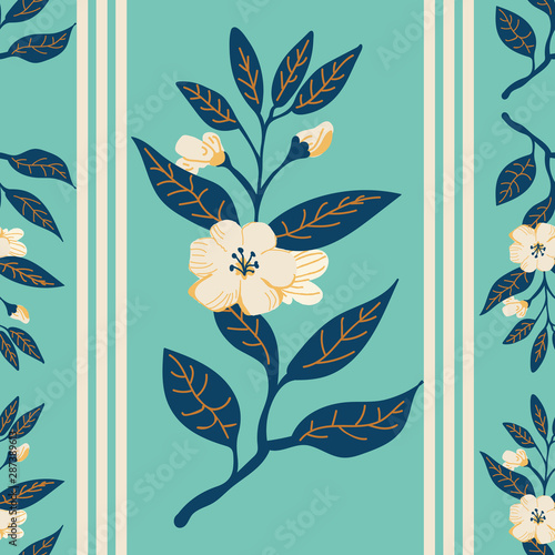 Flower spray stripe seamless pattern in turquoise, ecru and dark green. Vector.  Great for gift wrapping paper, textiles, fashion, home decor and stationery items.