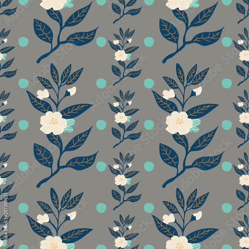 Flower branch vector seamless pattern with polka dots on gray background. Vector. Navy blue, ecru and turquoise color palette. Great for wrapping paper, textiles, fashion, home decor, graphic design.