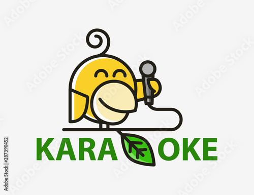 Funny creative Yellow Bird abstract karaoke Logo. Canary with a microphone. Karaoke club vector logo design. Advertising for karaoke bar, party, disco bar, night club. Live music. Design template.