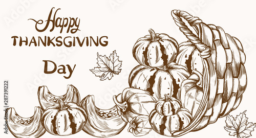 Happy Thanksgiving card pumpkin line art Vector. Basket of autumn harvests