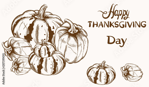 Happy Thanksgiving card pumpkin line art Vector. Basket of autumn harvests