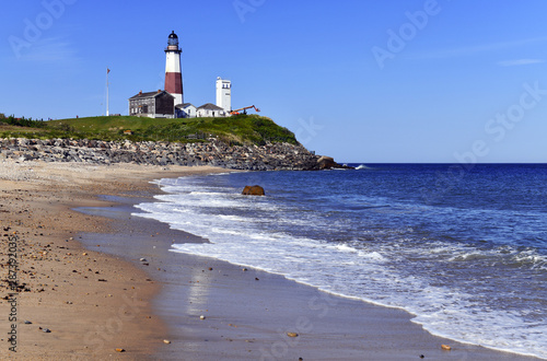 Coastal scene with Montauk Lighthouse on Atlantic Ocean, Long Island, New York © nyker