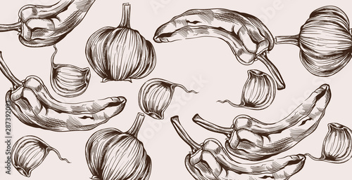 Autumn veggies pattern Vector line art. Pepper and onion harvest